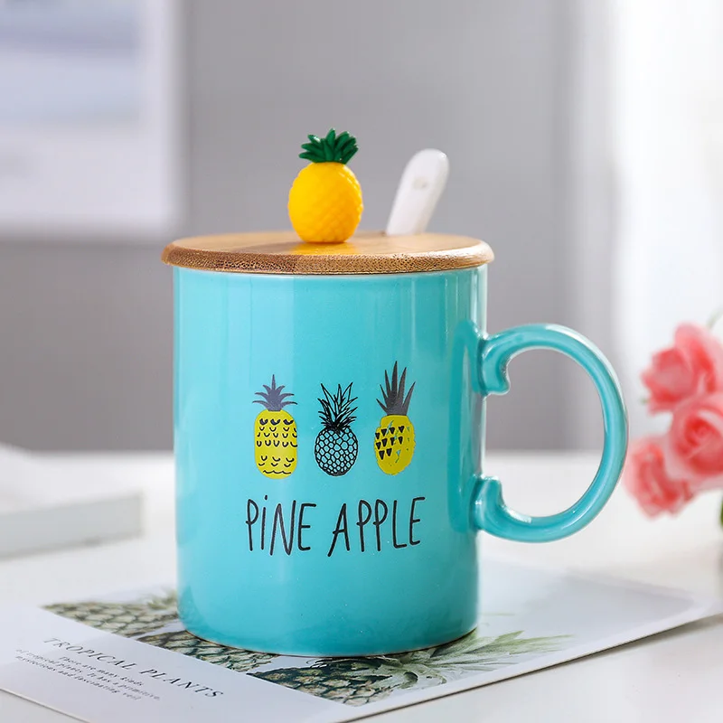 New summer pineapple fruit ceramic mug with spoon lid,Tea Milk Cups and Mugs Creative Drinkware Couple Mug For Gift 450ml - Цвет: 02