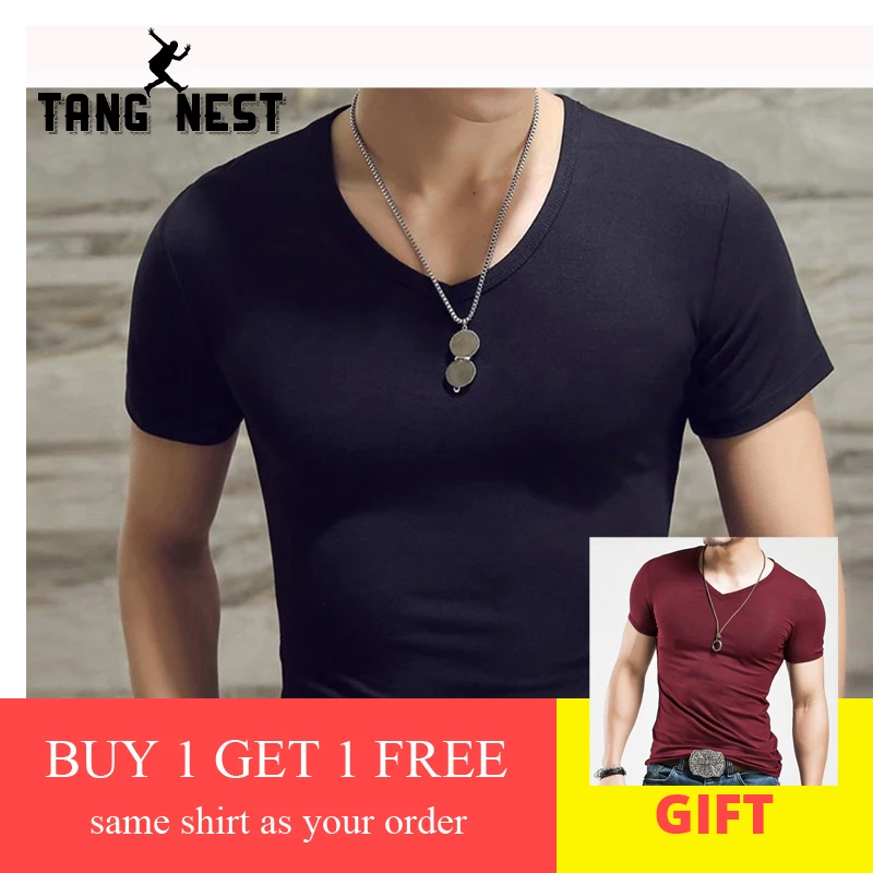1+1 TANGNEST Solid Color Short sleeve Men T-shirt Casual Summer Wild Comfortable Slim O-Neck V-NeckT shirt MTS3025 | Мужская одежда
