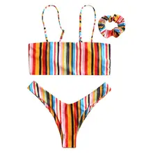 Женский сексуальный бикини на тонких бретельках бюстгальтер bandeau топ с низкой талией стринги с высокой посадкой радужные цветные вертикальные полосы купальник