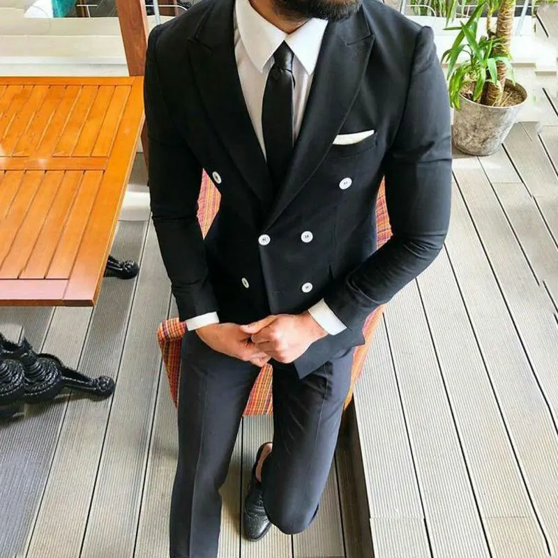 

Black Men Suits with Pants Wedding Suits Double Breasted Casual Bridegroom Tuxedos Best Man Blazer 2pieces Terno Masculino