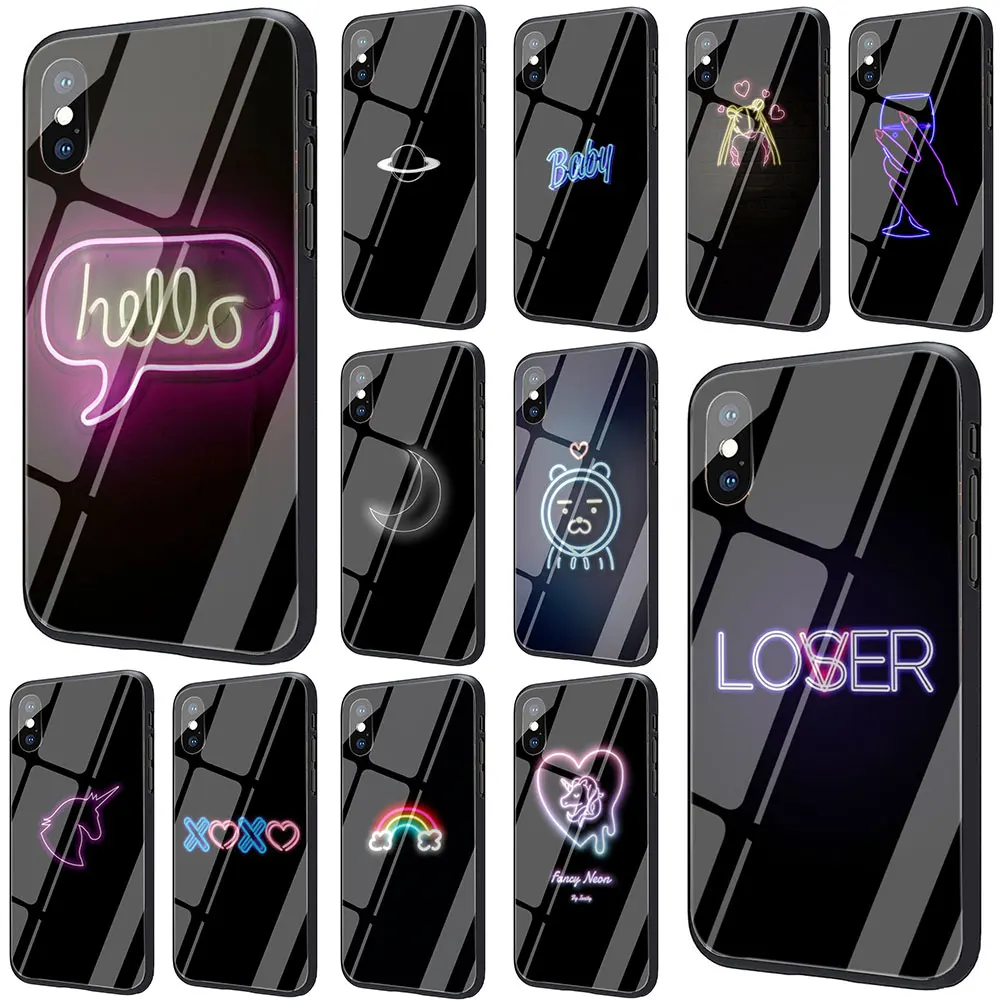 

Black background fluorescent Tempered Glass Phone Cover Case for iPhone 11 Pro 6 6S Plus 7 8 Plus X XS XR XS Max