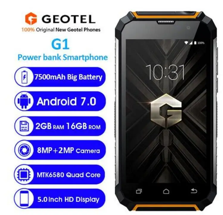 Geotel G1 3g смартфон 7500 мАч банк питания Andriod 7,0 MTK6580A четырехъядерный 2 Гб ОЗУ 16 Гб ПЗУ 5," МП мобильный телефон