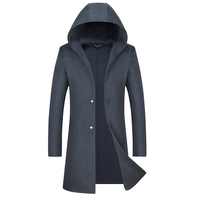 new hooded Winter Wool Coat Men Leisure Long Sections Woolen Coats Men's Pure Color Casual