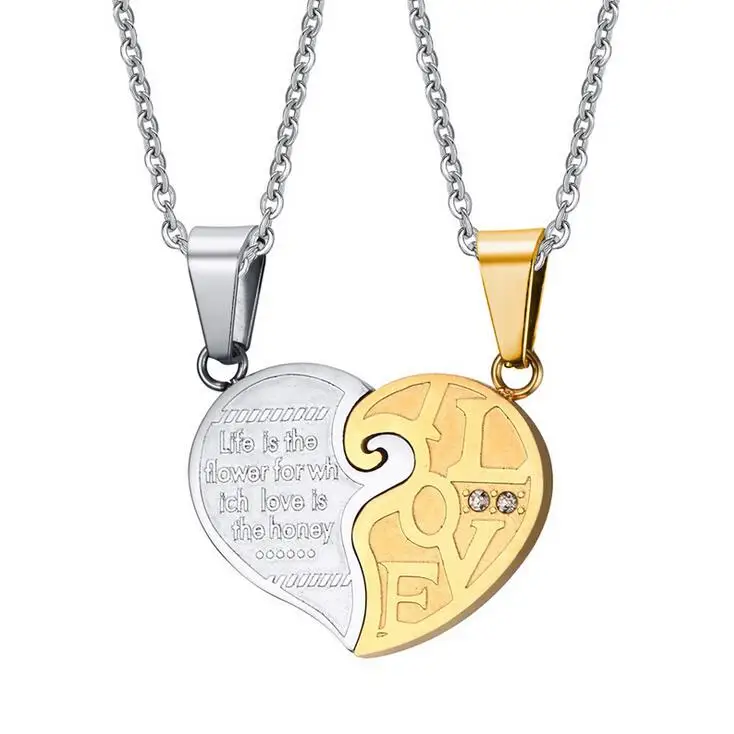 

2 pcs/pair His and Hers Matching Heart Stainless Steel Pendant Love Heart Engraved Necklace for Couples Lovers eu te amo