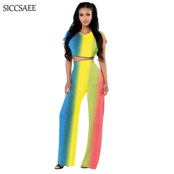 

2018 Summer Style Rainbow Gradient Color Striped Print Two Piece Overalls For Women Boho Style Palazzo Pants Fringe Tie Dye