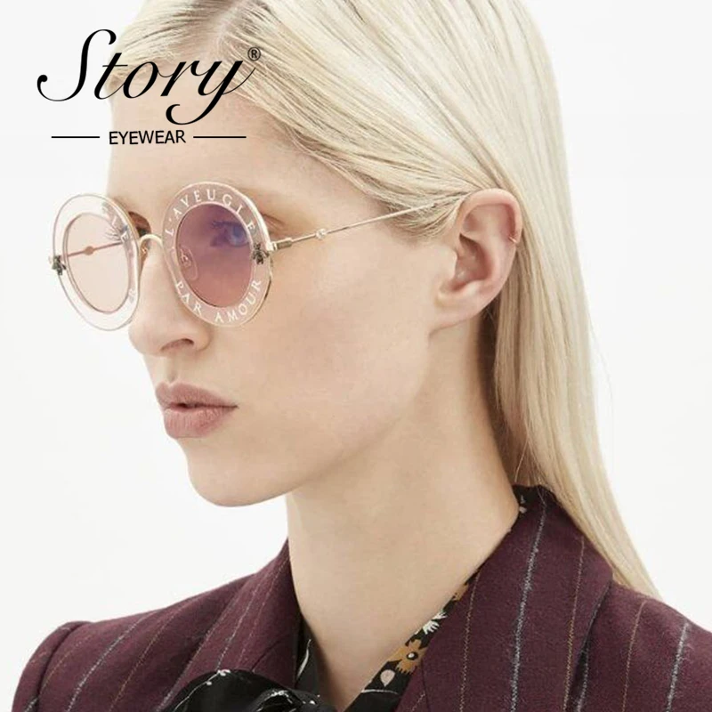 

STORY Women Sunglasses Round GG Brand Designer Luxury White Frame Pink Sunglasses For Women little bee Sunglass oculos de sol