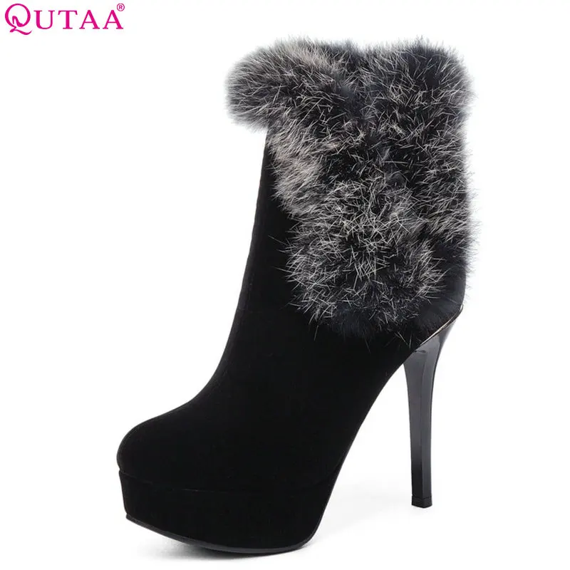

QUTAA 2019 Thin High Heel Women Ankle Boots Zipper All Match Platform Flock Winter Boots Women Shoes Women Boots Size 34-42