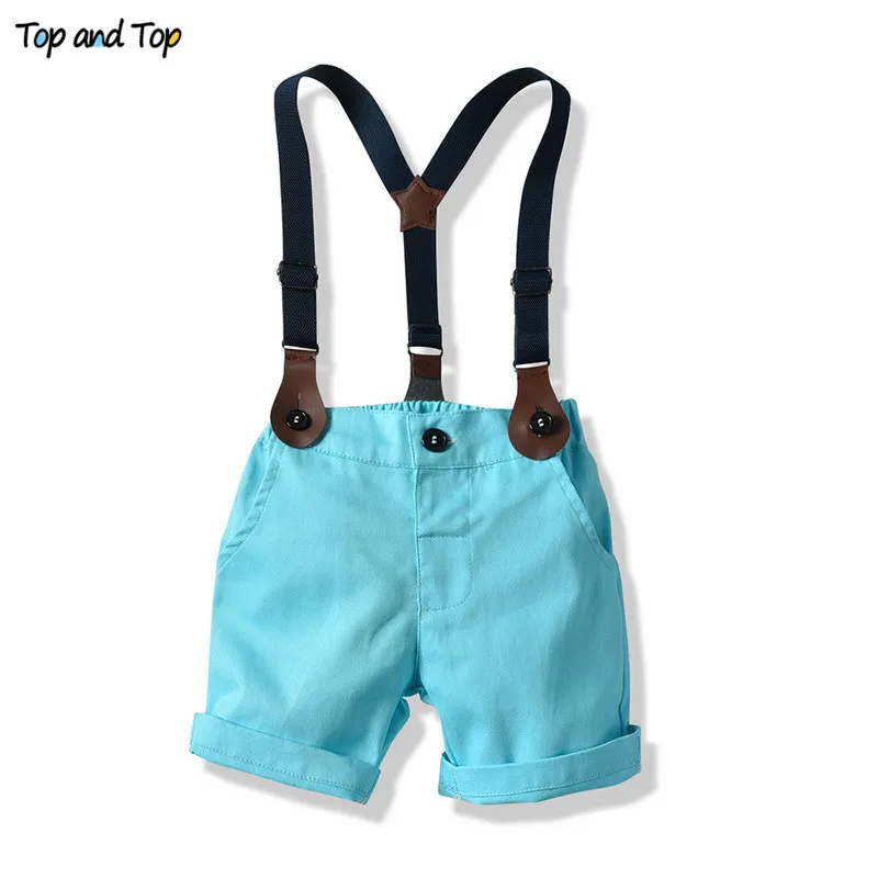 Топ и топ, модная одежда для маленьких мальчиков рубашка с короткими рукавами и галстуком-бабочкой+ короткие штаны на подтяжках комплекты детской одежды для мальчиков