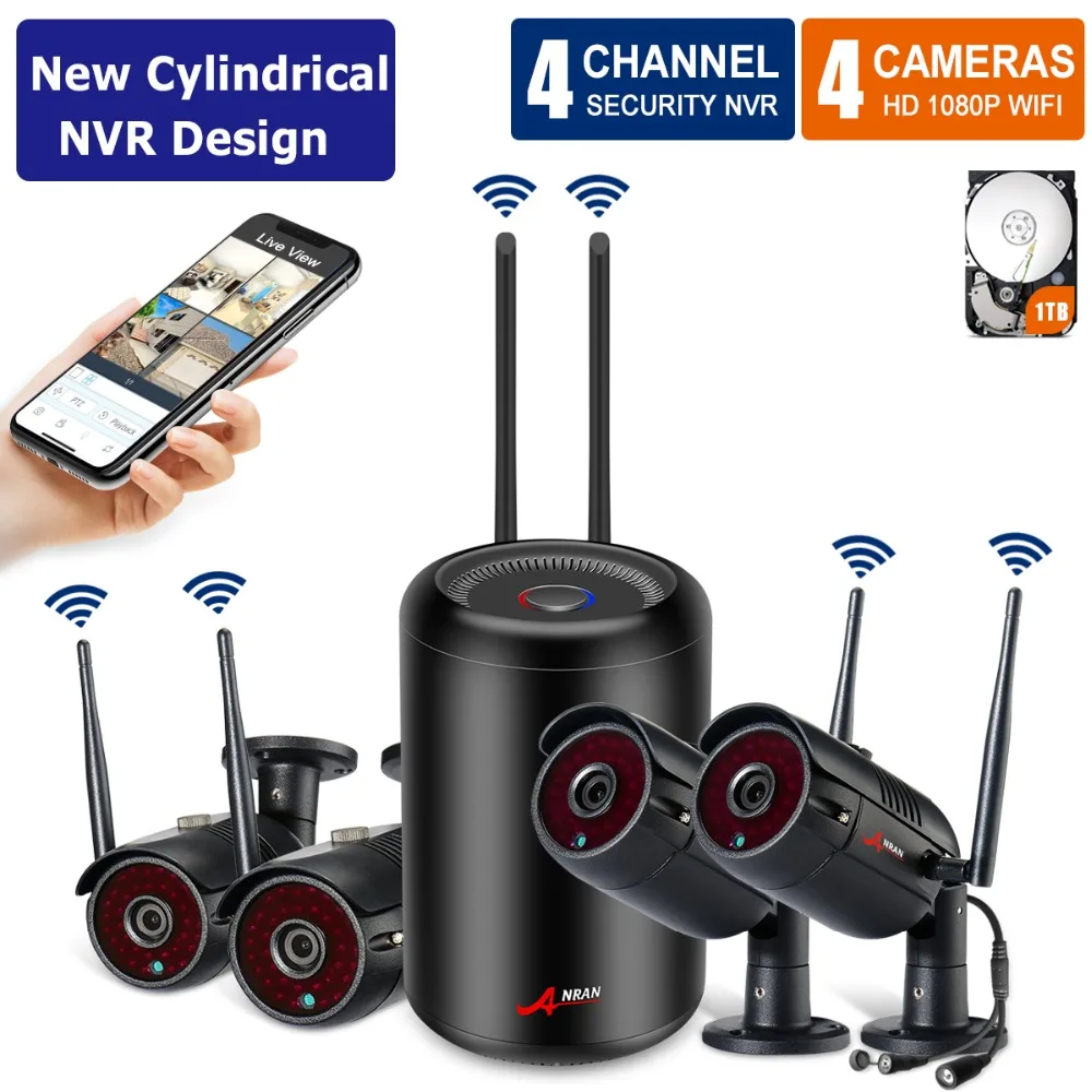 

ANRAN 1080P HD 4CH Waterproof IP Night Vision Wifi Cameras Cylindrical NVR Outdoor Surveillance System with HDD Pre-installed