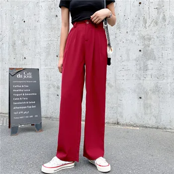 

Summer Solid red black High Waist Fresh 2019 Casual Suit Dropping Solid Brief Fashion Women New Loose Straight Trousers