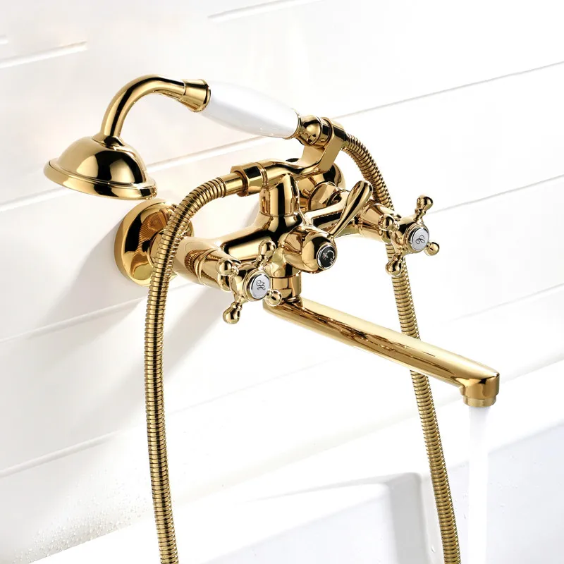 Goede Chrome Badkamer Douche Kranen Antiek Messing Hand Regendouche Tap Met Lange Uitloop Set Dual Handvat Bad Kraan