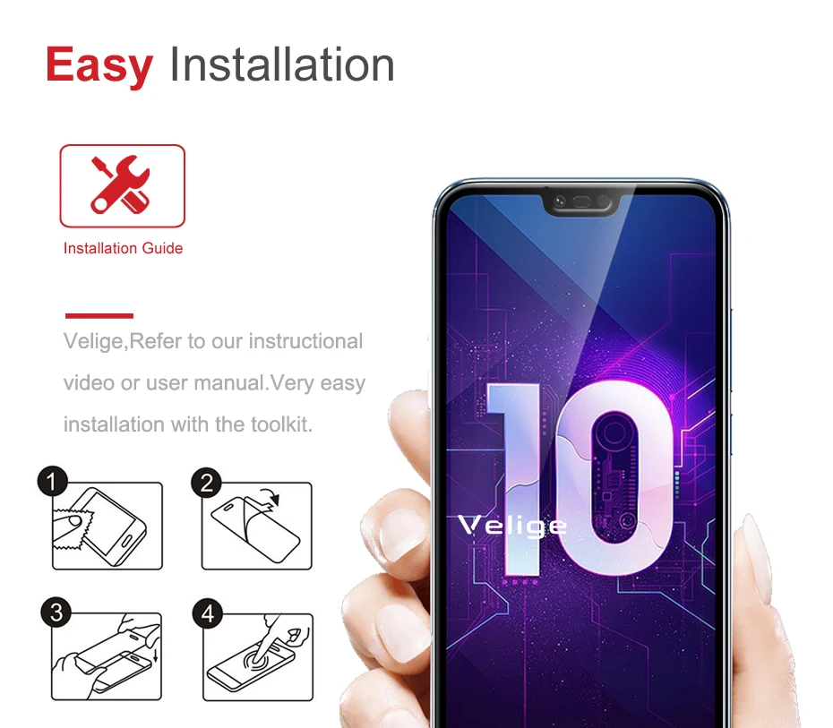 Velige 2.5D Full Cover Tempered Glass for Huawei Honor 10 Honor10 Screen Protector Ultra Thin HD Clarity Safety Glass Film (2)
