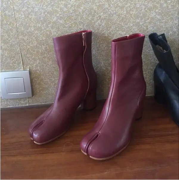 JAWAKYE/короткие ботинки из натуральной кожи серебристого и черного цвета; ботильоны для женщин на высоком каблуке с разрезом на носке; Zapatos mujer - Цвет: wine red