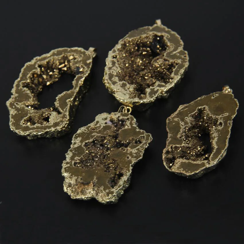 

5pcs/lot Big Gold Titanium Druzy Slice Beads Pendants Charm Bulk,Natural Gems Raw Drusy Geode Slab Stone Necklace Findings Bulk