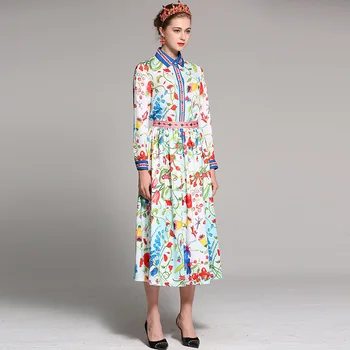 

New The spring of 2019 European runway heavy Beaded Lapel shirt printing color long skirt