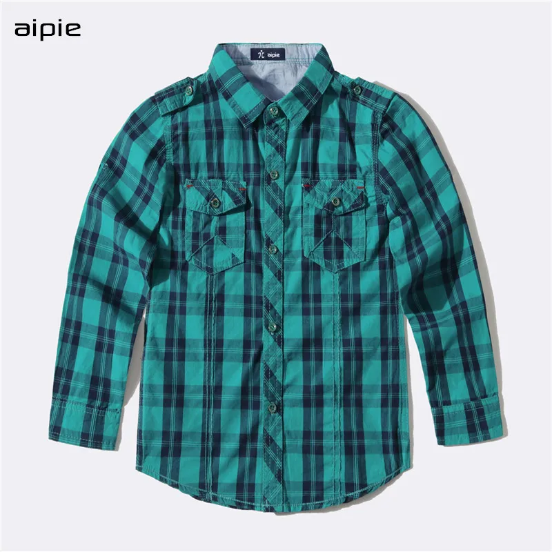 

New Children's shirts Plaid pocket design Cotton Length-sleeved kids Boy's shirts Clothing For 5-14 year wear