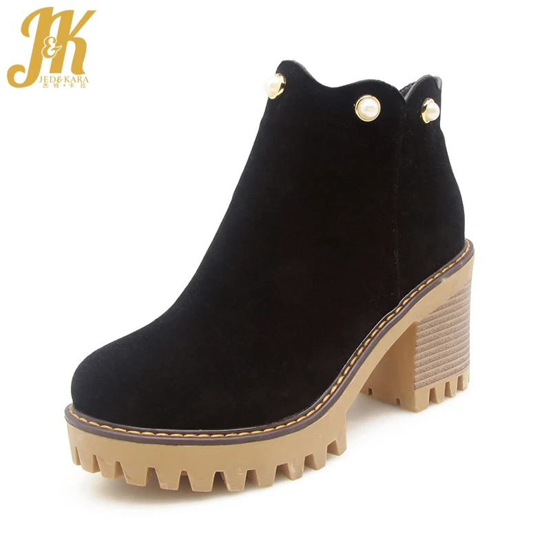 JK/женские ботильоны из флока размера плюс 45; обувь с круглым носком на молнии с жемчугом; зимние ботинки на платформе; модная женская обувь на высоком каблуке;