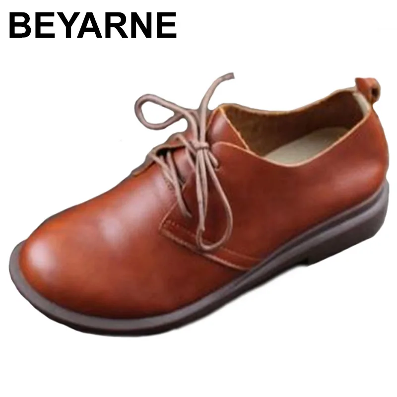 

BEYARNE Women Flat Shoes Genuine Leather Lace up Ladies Shoes Women's Moccasins Female Spring/Autumn Footwear
