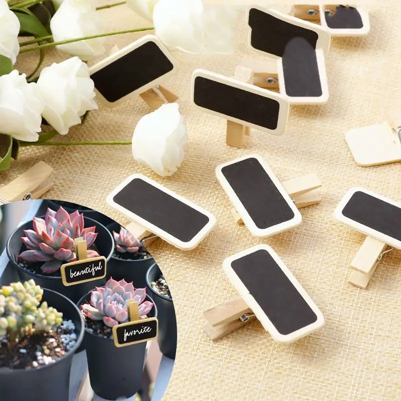 50 Mini Wood Blackboard Message Slate Rectangle Clip Panel Card Memos Label