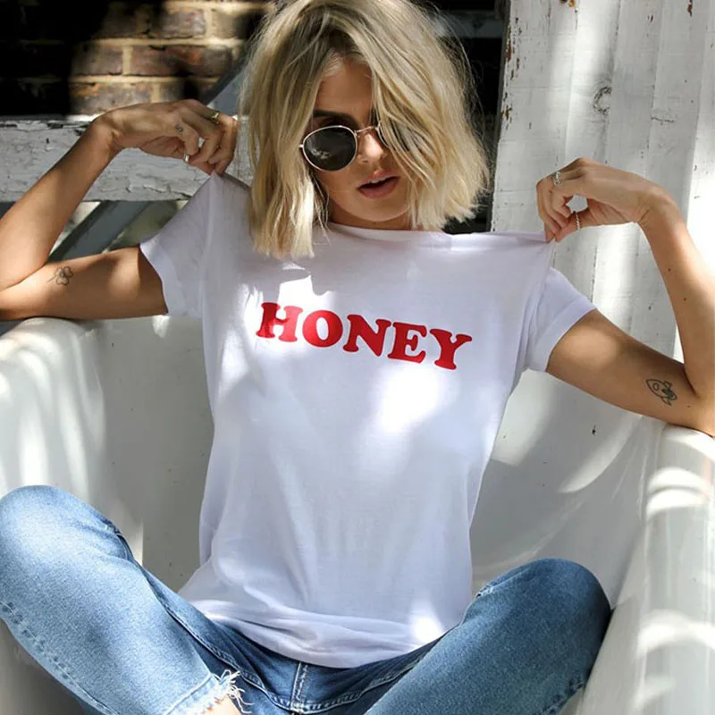 

ONSEME Hipster Simple Print T Shirt Female Summer Casual Cotton Basic Tees HONEY Letter T Shirt Streetwear Tops Tshirt For Lady