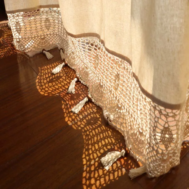 

Greece Retro Style Cotton Linen Handmade Hollow Embroidered Tassel Hem Semi-shading Finished Curtain Beige 175cm Width