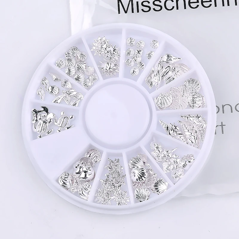 12 Girds Silver Metal Nail Studs Mixed Ocean Sea Shell/Conch/Starfish 3d Metallic Slice Flakes DIY Nail Art Decorations In Wheel