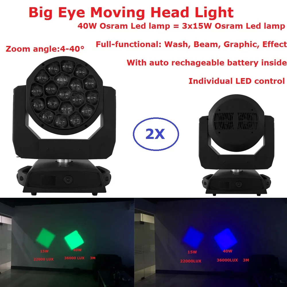 

2XLot Osra-m Lamp Moving Head Light 19X40W RGBW Big Bee Eye Stage Wash Beam Graphic Effect Lights With Auto Rechageable Battery