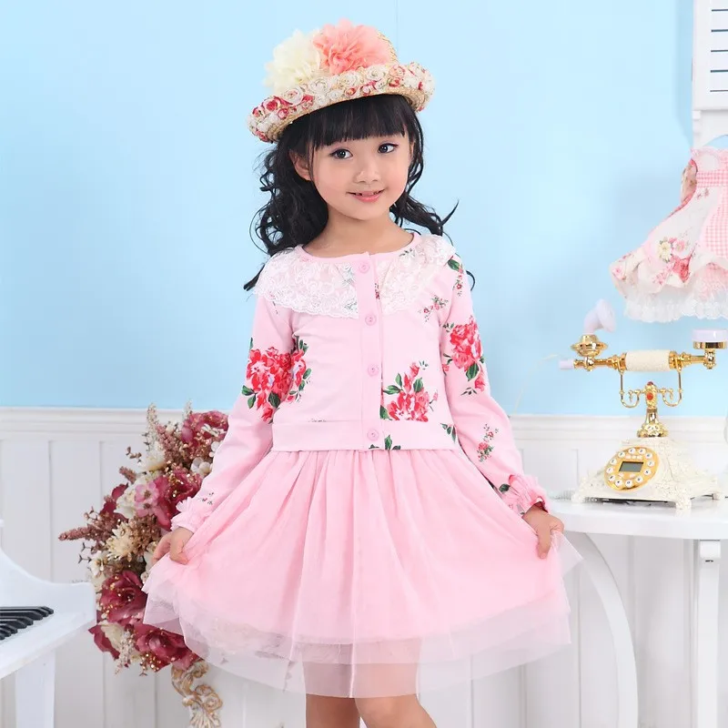 2016 Spring New Lace Long Sleeve Girl Dress Two Sets,Cotton Baby Girls