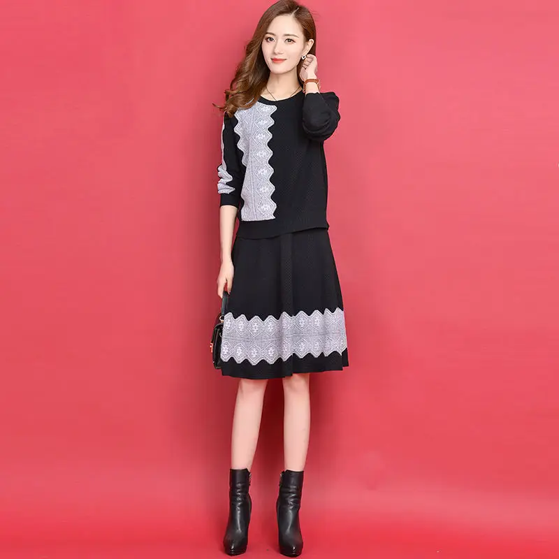 

High Quality Autumn Winter Women Sets Female Sweater + Skirt 2 Two Piece Set Ladies Vintage Knitted Slim Tracksuit Clothing X03