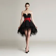 Chic Feder Hoch Niedrig Cocktailkleider Schwarz Sexy Kurze Party Kleider Schatz Weg Von Der Schulter Zipper Kleid