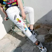 Женские белые джинсовые брюки новые весенне-осенние свободные универсальные эластичные длинные брюки с принтом длинные студенческие белые джинсы