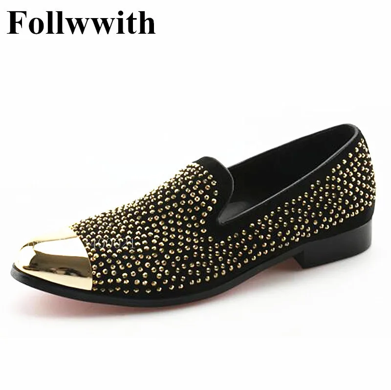 

2019 Follwwith Brand Men Loafers Smoking Gold Crystal Rivets Studs Metal Round Toe Men Shoes Slip On Party Wedding Shoes