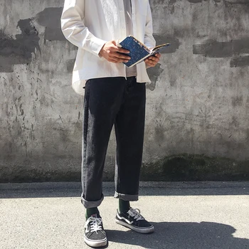 

2019 Korean Men Casual Loose Solid Color Black/blue Cowboy Haren Pants Baggy Jeans Wash Biker Denim Straight Trousers Homme S-XL