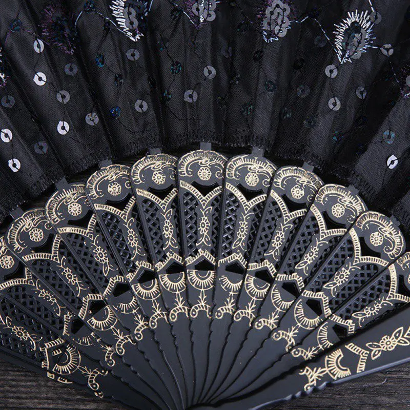 Элегантный цветной вышитый цветок Павлин узор блесток ткань складной ручной вентилятор ручной работы
