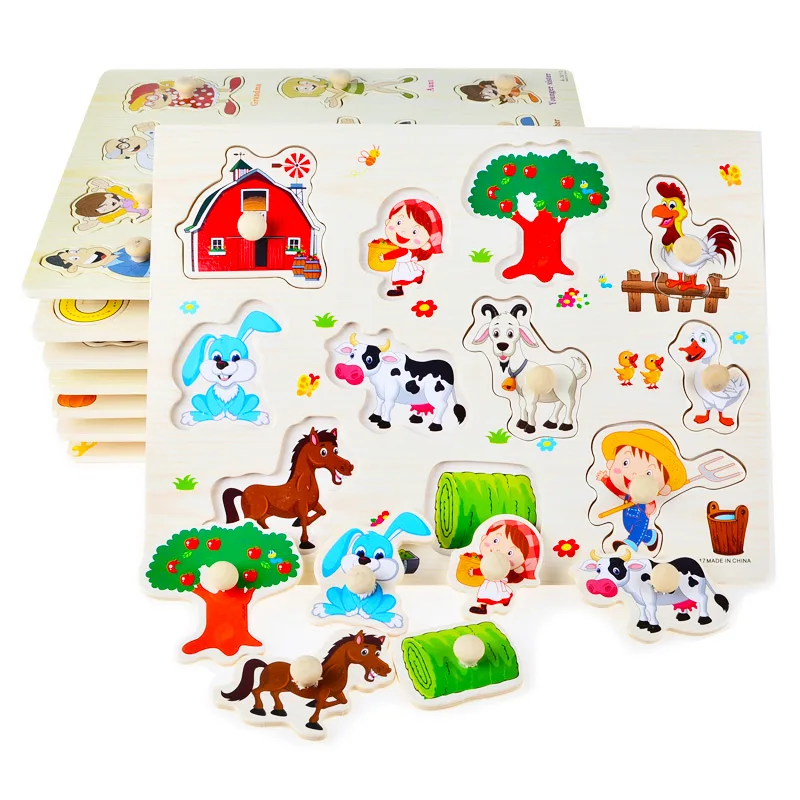 

Hand Grasp Knob Pegged Puzzle Wooden Quality Numbers Animals Fruits Vegetable Characters Letter Cognitive Board Children Toys