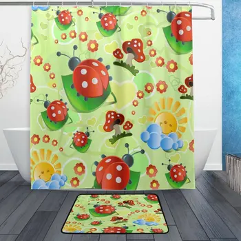 

Lovely Cartoon Animal Cute Sun Flower Waterproof Polyester Fabric Shower Curtain with Hooks Doormat Bath Floor Mat Bathroom Home