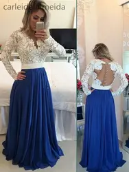 Онлайн v-образным вырезом кружева шифон Королевский синий вечернее платье длиной до пола Длина одежда с длинным рукавом Vestido de festa