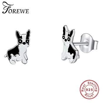 

Forewe 925 Sterling Silver Bulldog Cute Black White Studs Earrings Small Animal Earring For Women Party Jewelry