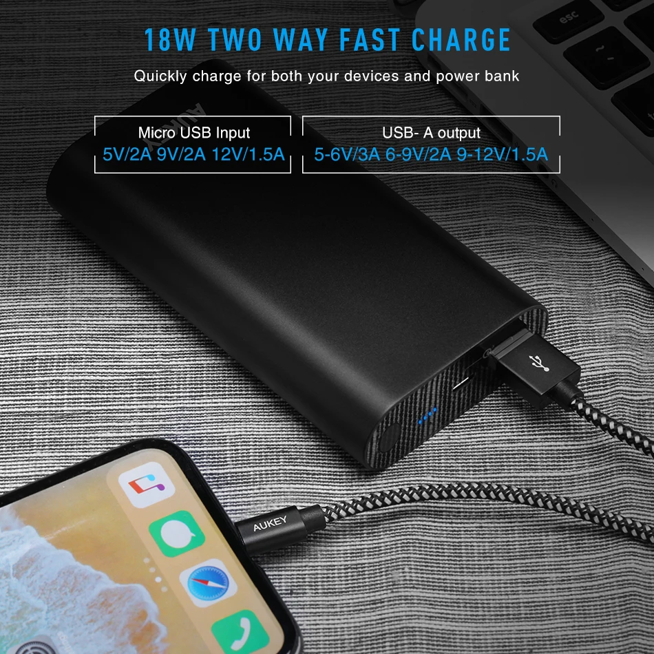 AUKEY 18 Вт двухстороннее Qiuck зарядное устройство 10050mA power Bank Quick Charge 3 0 bank внешний