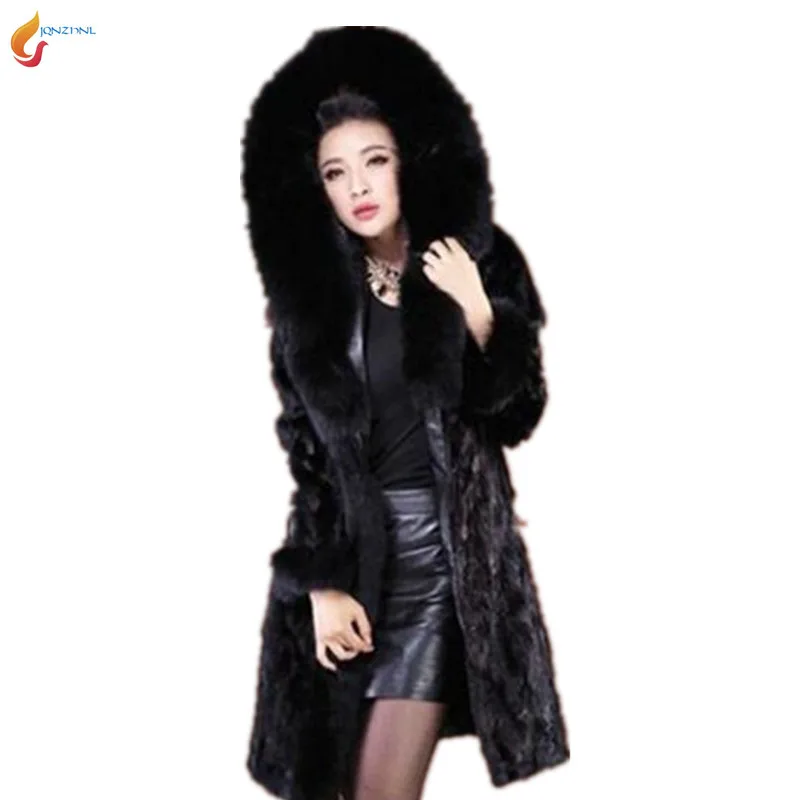 

2018 Winter new high-end women thicken hooded fur coat elegant fashion Slim large size women black fur Overcoat G145 JQNZHNL