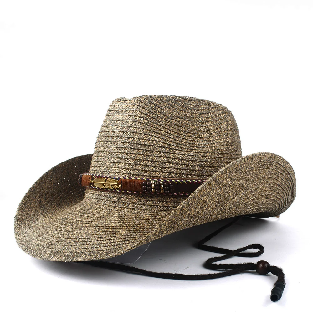 Duarble Chapeau Mode Unisexe Femmes Hommes Creux Western Cowboy Hat Lady Papa Plage Sombrero Hombre Paille Panama Cowgirl Jazz Sun Cap Taille 56-58cm Cuir Couleur: café, Taille: 56-58 