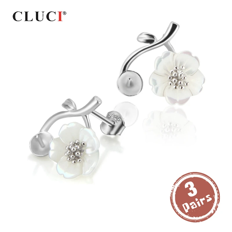 

CLUCI 3 pair wholesale Silver 925 Flower Earrings Jewelry Zircon Pearl Mounting 925 Sterling Silver Stud Earring SE065SB