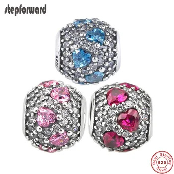 

STEP FORWARD High Quality DIY Heart Stone Paving 925 Pure Silver Full Stone Charm Fitting European Silver Charm Bracelet