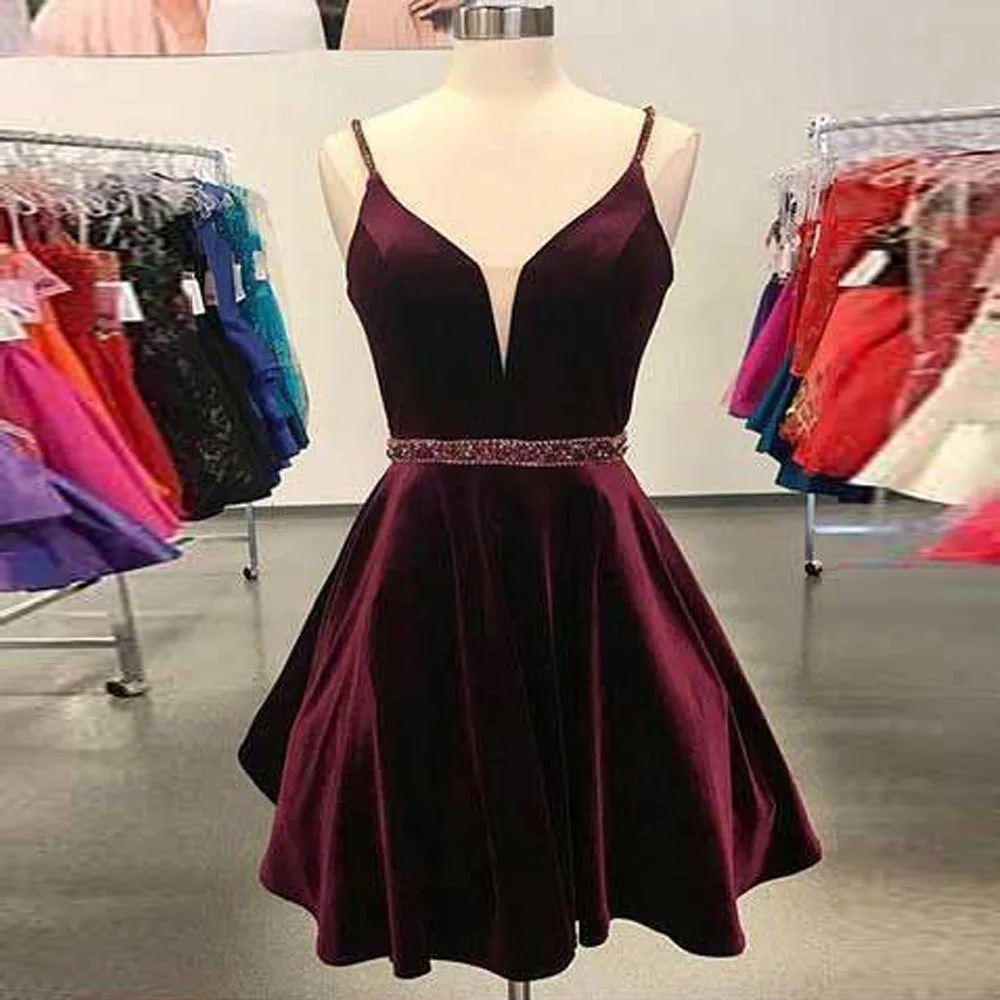 

New Fashion 2018 Burgundy Cocktail Dress A Line Sexy V Neck Satin Mini Party Special Occassion Elegant Dresses vestido coctel