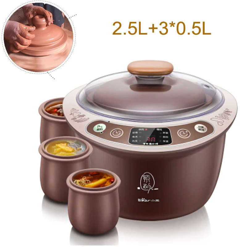 D,Purple Clay Healthy Electric Cookers 380W 2.5L Smart Slow Cooker with 4 Pot 9.5 Hour