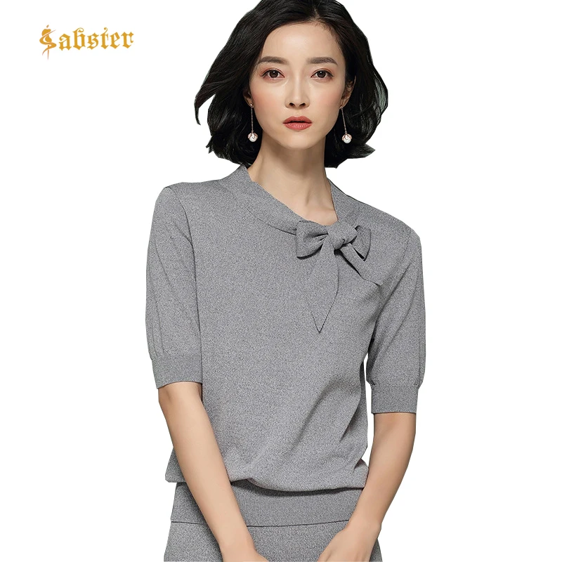 Spring Summer Casual Knitted Solid Color Pullover Butterfly Collar Patchwork Loose Short Sleeve Women Sweater XZ297