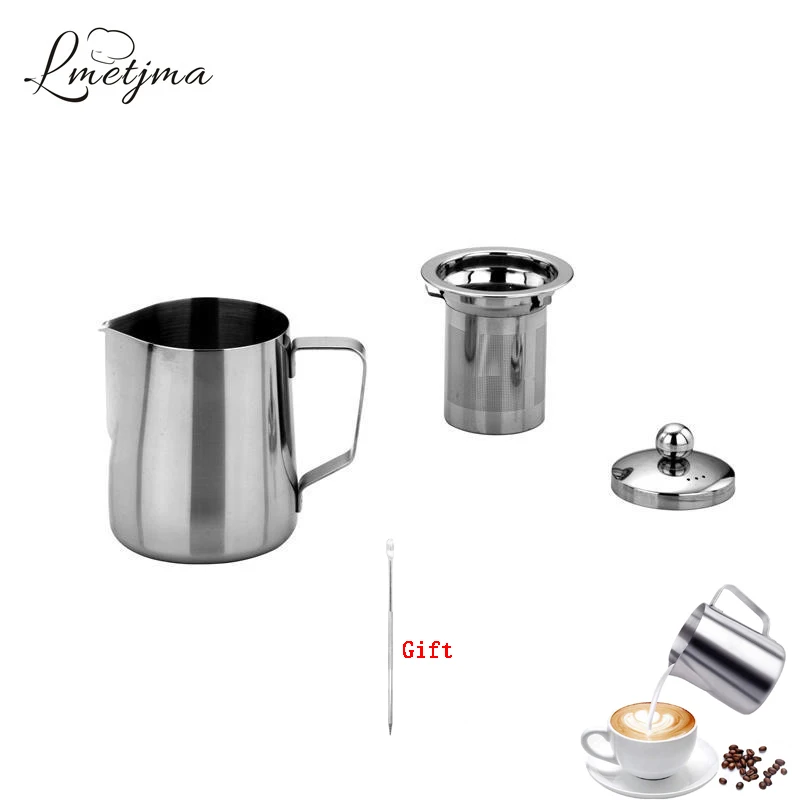 

LMETJMA 350ML 600ML Milk Frothing Jug with Coffee Filter Stainless Steel Coffee Frothing Jug Milk Frothing With Latte Art Pen