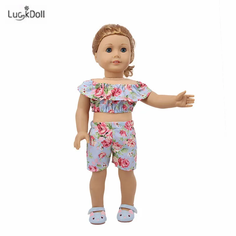 LUCKDOLL цветок короткий рукав шорты комплект подходит 18 дюймов Американский 43 см BabyDoll одежда аксессуары, игрушки для девочек, поколение, день рождения Gif