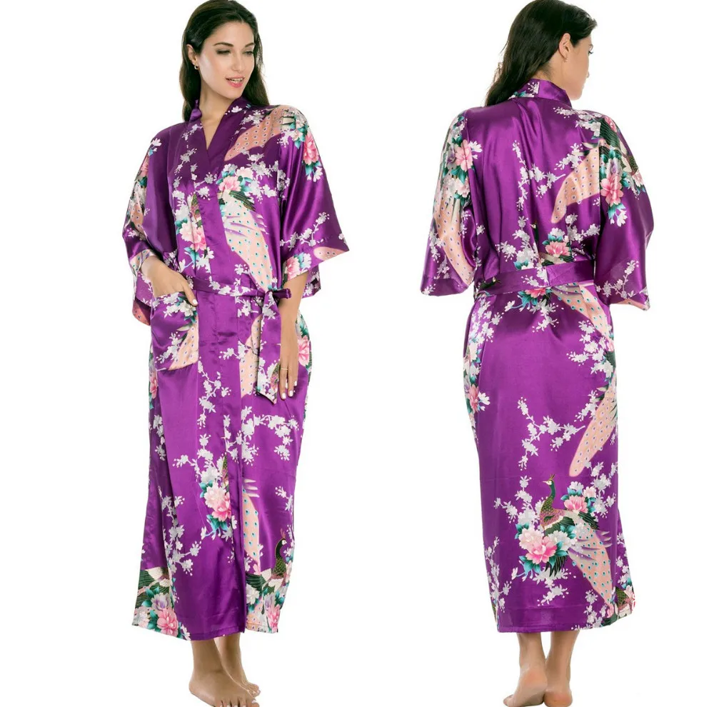 Абсолютно свадебный халат для невесты, Атласный халат из искусственного шелка, ночная рубашка для женщин, кимоно, одежда для сна с цветами размера плюс S-XXXL S02D