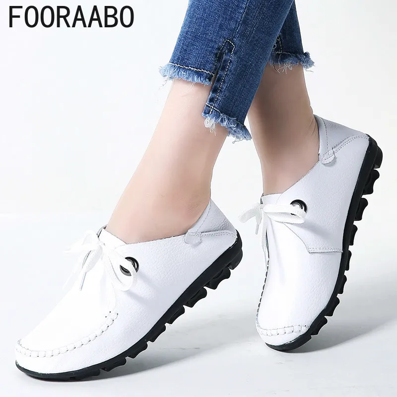 

FOORAABO 2019 Spring women flats shoes women oxford lace up ballet flats moccasins White boat shoes ladies lazy loafers shoes
